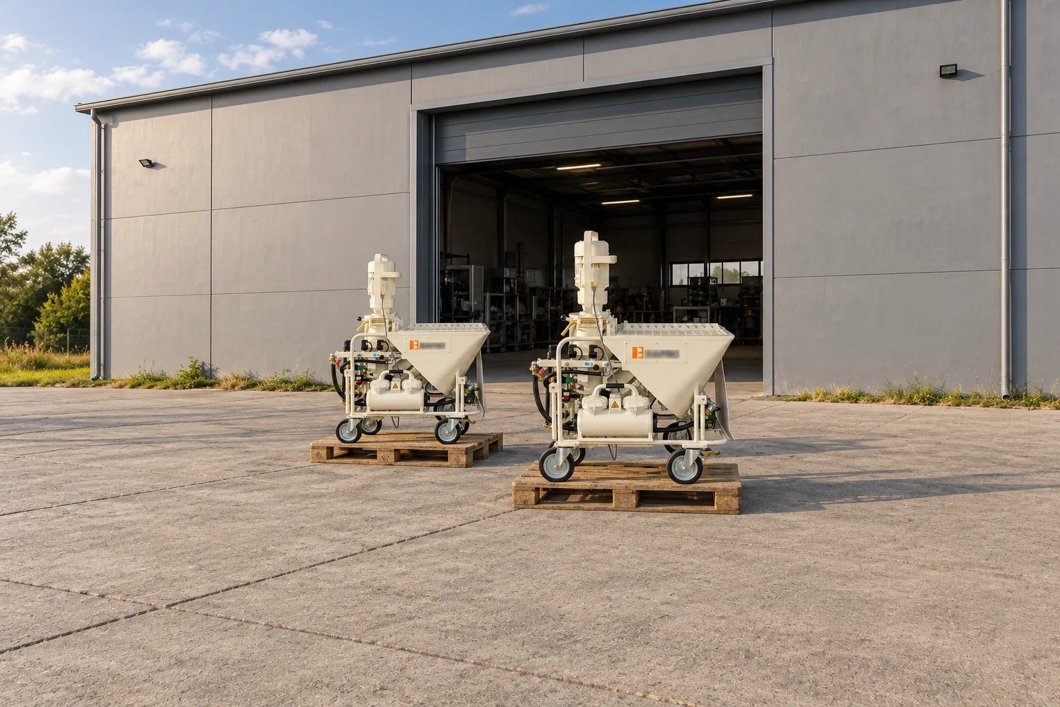 Plac przed halą BAPRO w Opolu, kadr szeroki: dwa gotowe agregaty na paletach, otwarta brama hali montażowej, światło późnego popołudnia.