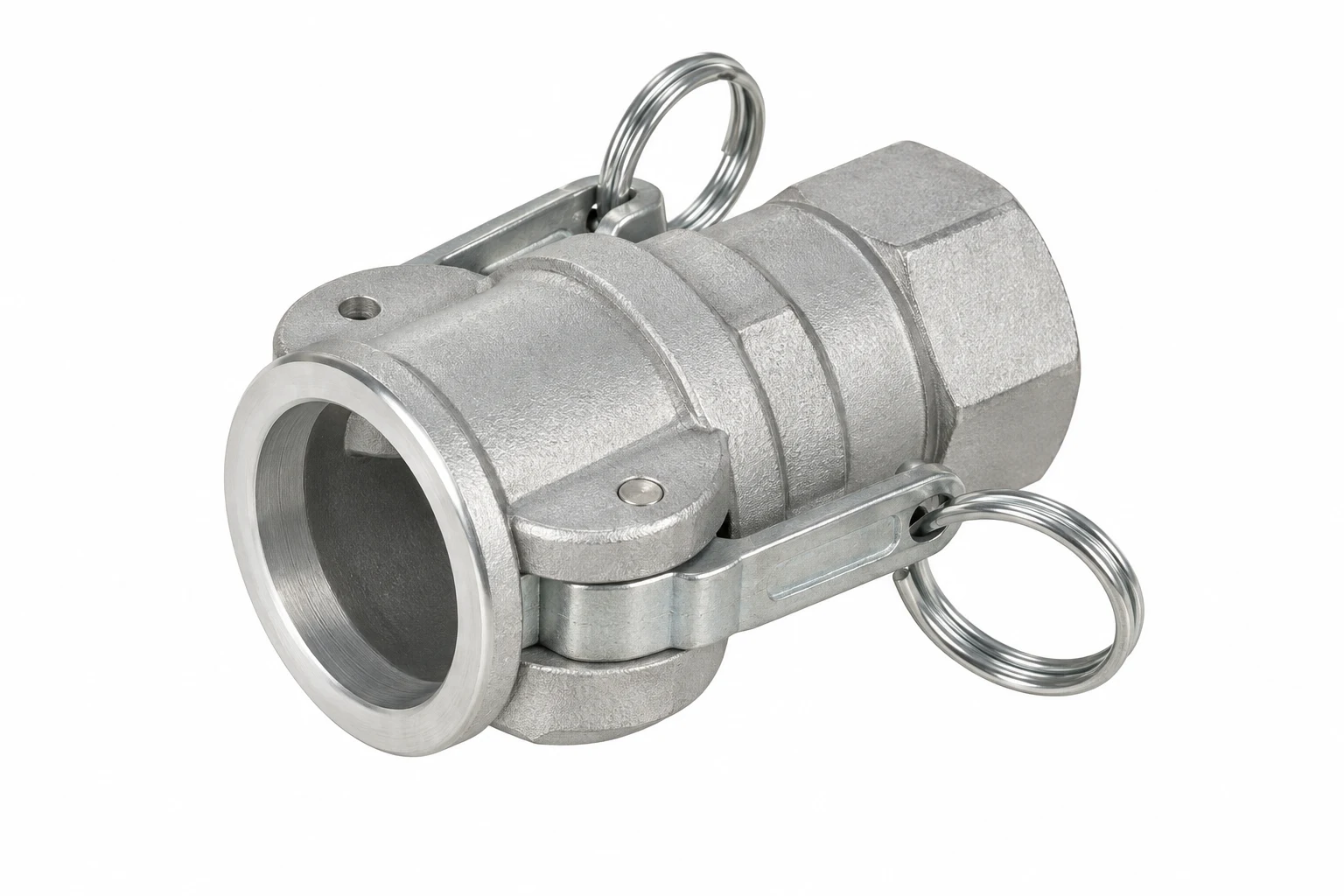 Złącze tynkarskie damskie 25mm (dwie zapinki) 50 BAR gw. wew. 1” obrotowe - zdjęcie katalogowe na jasnym tle, pozycja ustawiona tak, żeby widać było gwinty i przyłącza; obok złączka albo linijka jako skala. Kod 0522.