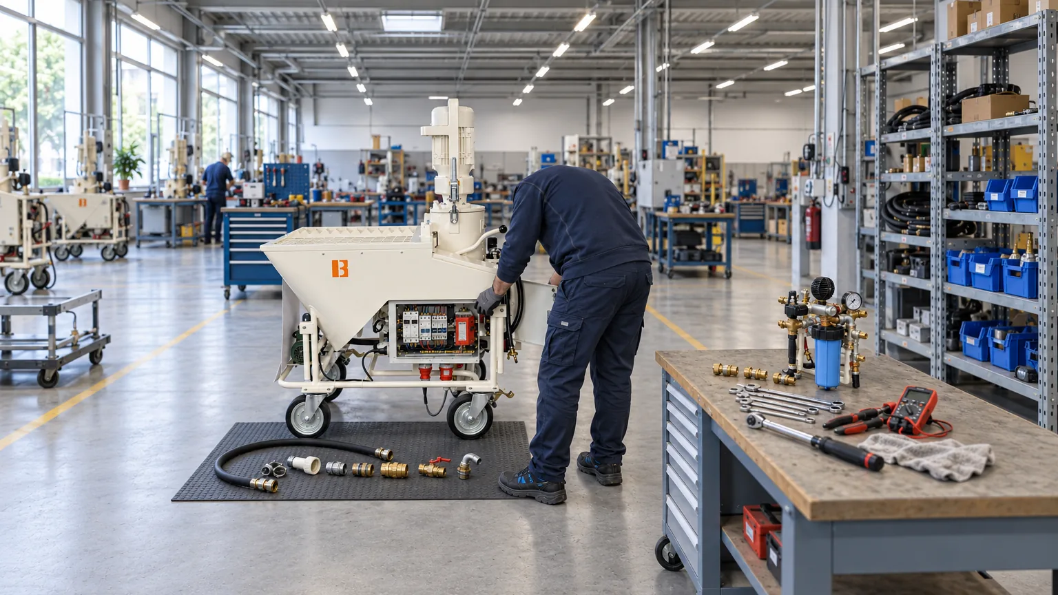 Rozłożony agregat BAPRO one STRONG MAX 400V na stanowisku serwisowym w hali, zdjęty moduł wodny, narzędzia na blacie.
