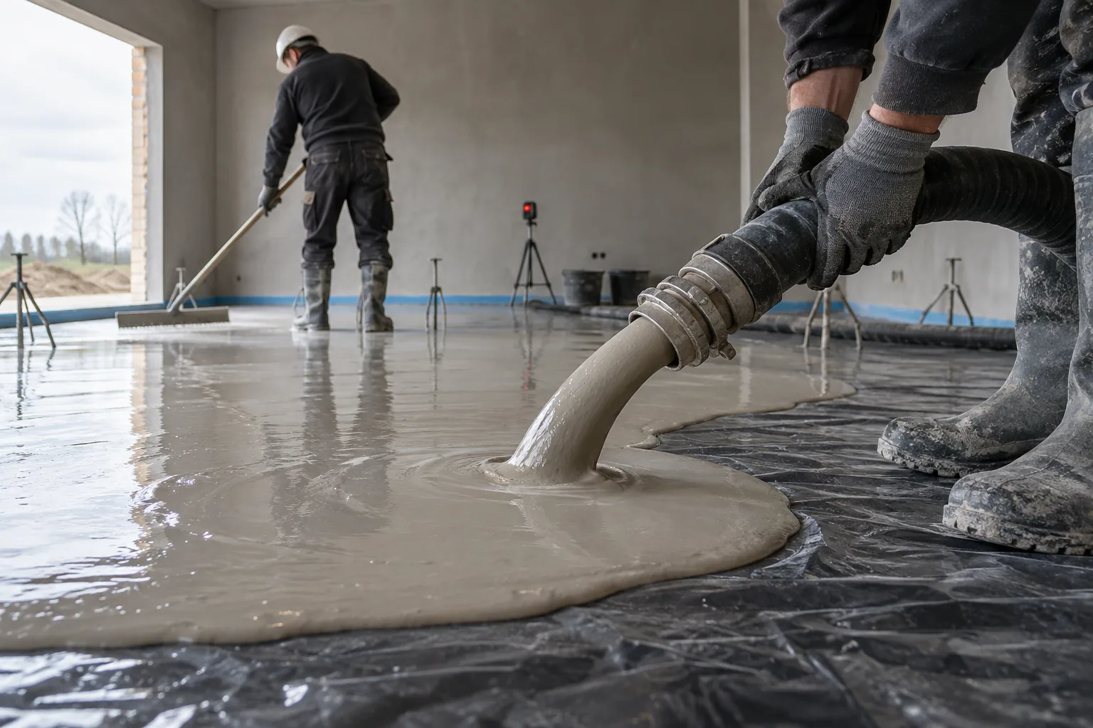 wylewanie posadzki, wąż materiałowy na podłodze